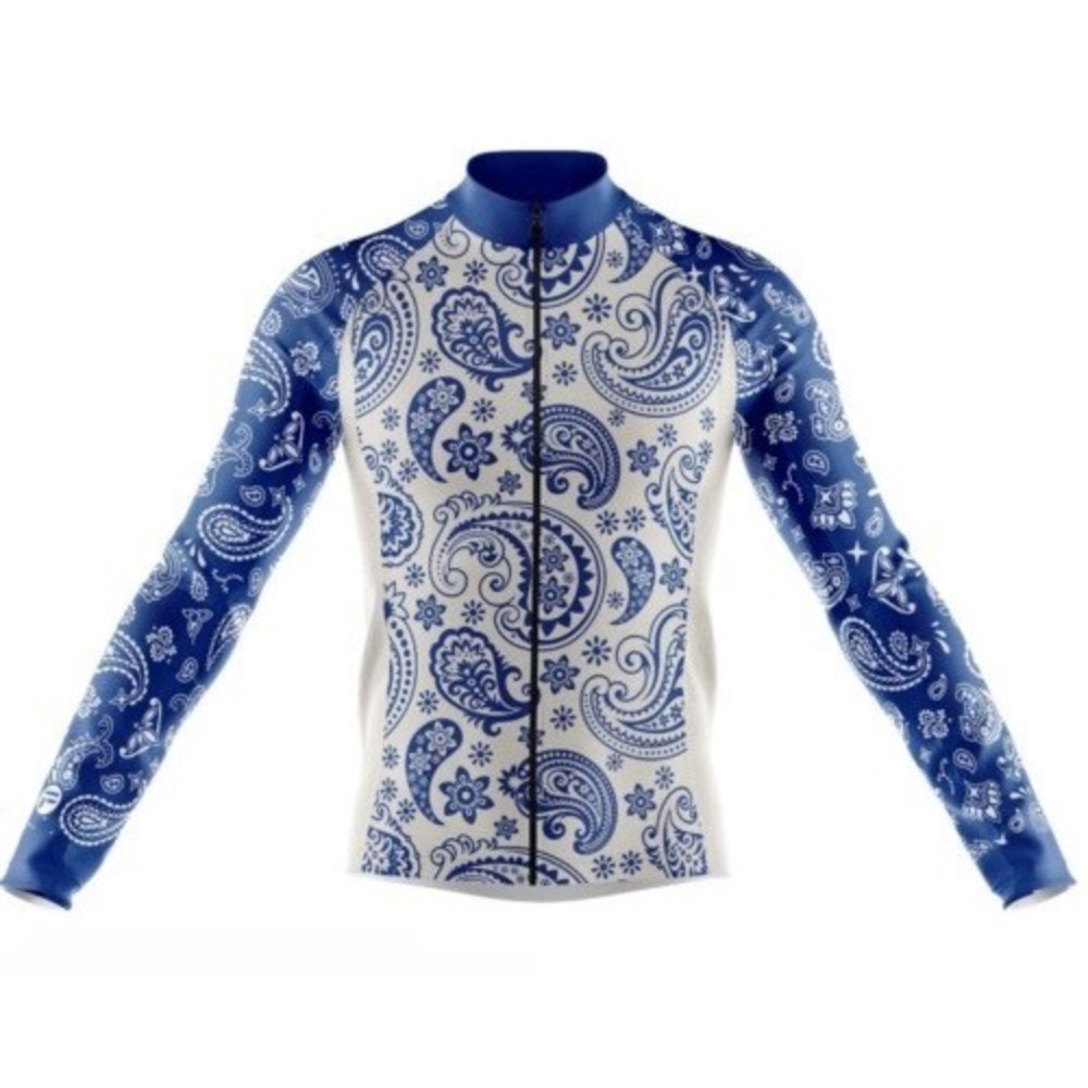 NWT Frelsi Serenity Blue/White Paisley Long Sleeve FullZip Cycling Jersey Men XL